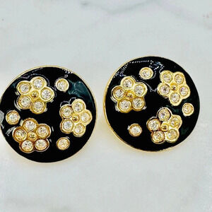 Vintage Avon Clip On Earrings Black Enamel Gold Plated Flower Rhinestone…